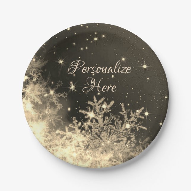 Schneeflocken funkeln goldbraune Sahne Winter Pappteller (Vorderseite)