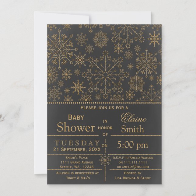 Schneeflocken Glitzer Gold Winter Baby Dusche lade Einladung (Vorderseite)