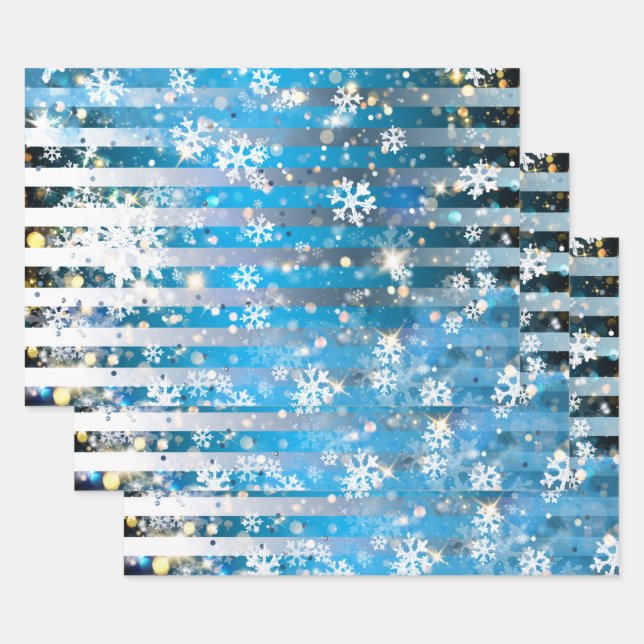 Schneeflocken Glitzern und Lichter auf blauen Stre Geschenkpapier Set (Set)