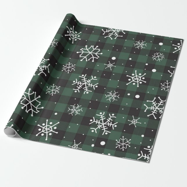 Schneeflocken Green Black Buffalo Kariert Geschenkpapier (Ungerollt)