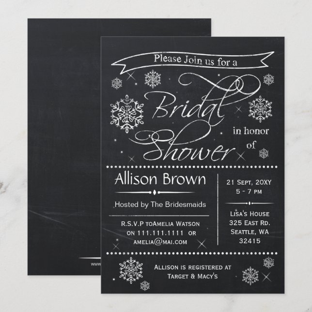 Schneeflocken Halbpension Bridal Dusche Einladunge Einladung (Vorne/Hinten)