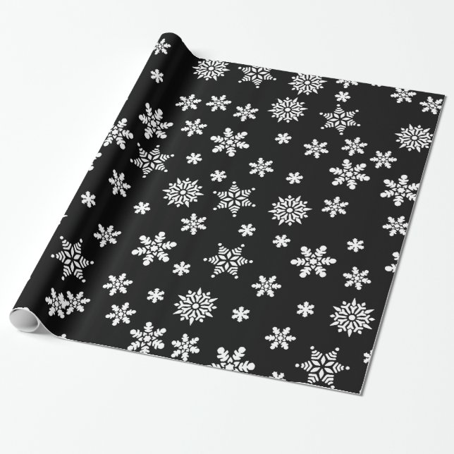 Schneeflocken im schwarzen Hintergrund Geschenkpapier (Ungerollt)