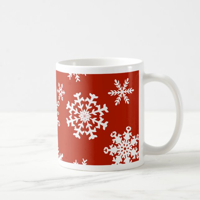 Schneeflocken im Weiß auf rotem Hintergrund Kaffeetasse (Rechts)