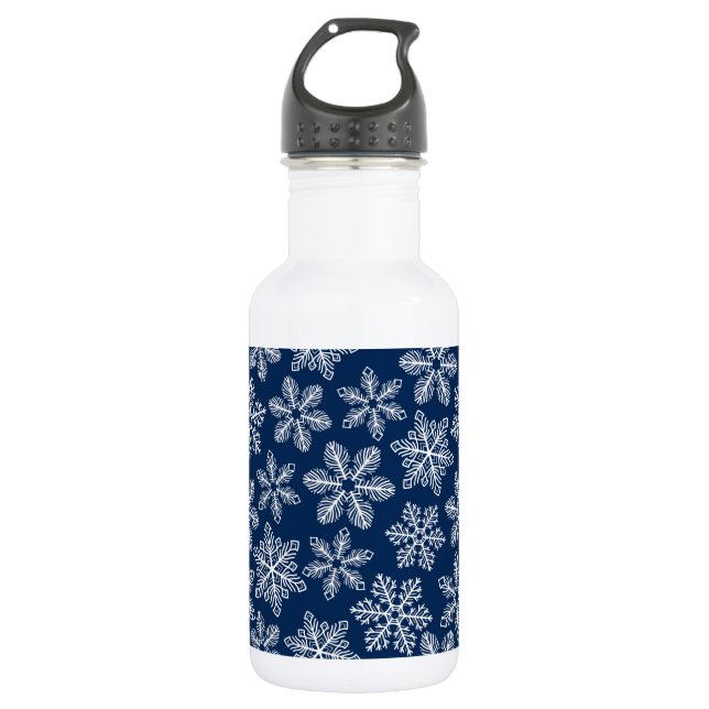 Schneeflocken in dunkelblau edelstahlflasche (Vorderseite)