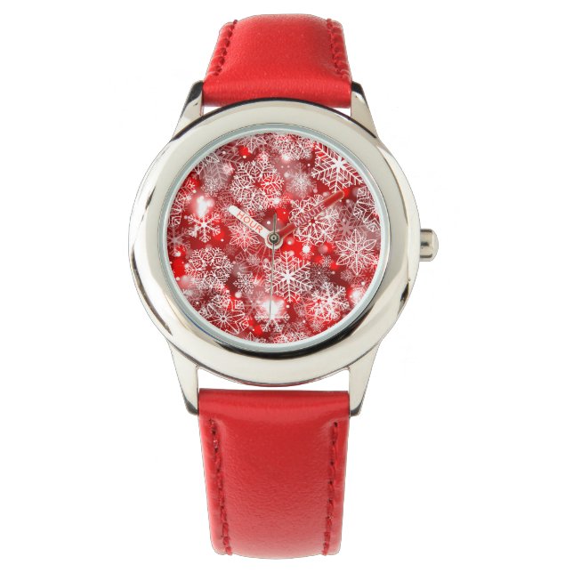 Schneeflocken in Rot Armbanduhr (Vorderseite)