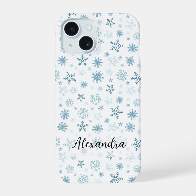 Schneeflocken in verschiedenen Schattierungen des  iPhone 15 Hülle (Rückseite)