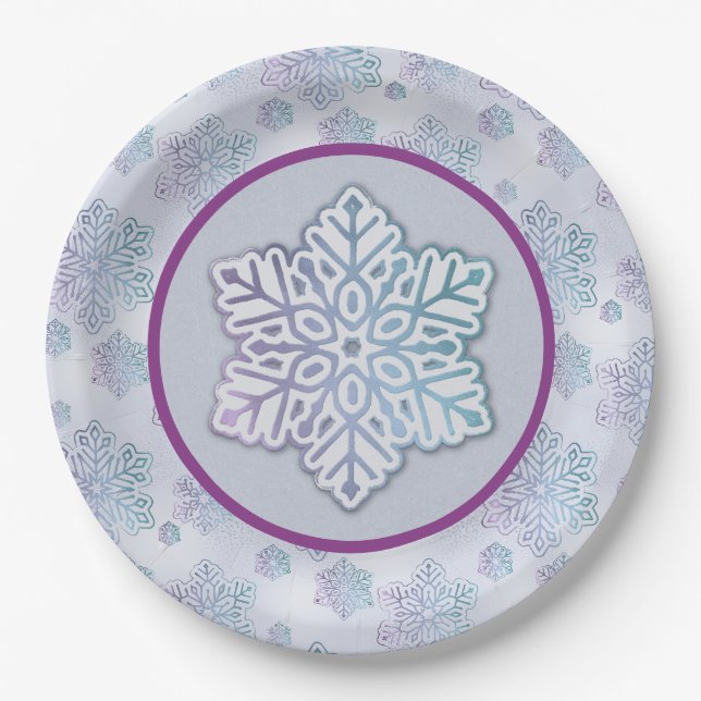 Schneeflocken Iridescent Blue & Lila Pappteller (Vorderseite)