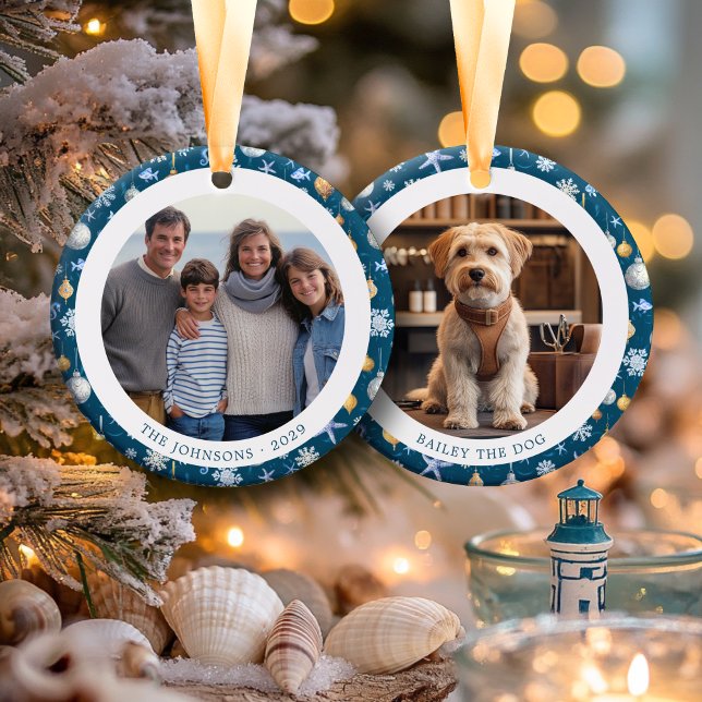 Schneeflocken & Kinderheime Weihnachten 2 Fotos Keramik Ornament (Snowflakes & Nautical Family Christmas 2 Photos Ceramic Ornament)