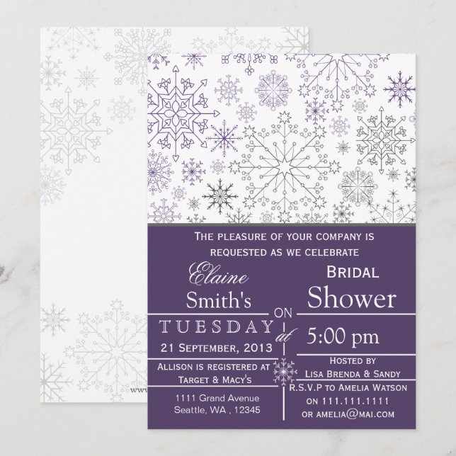 Schneeflocken Lila Graues Winter Brautparty laden  Einladung (Vorne/Hinten)