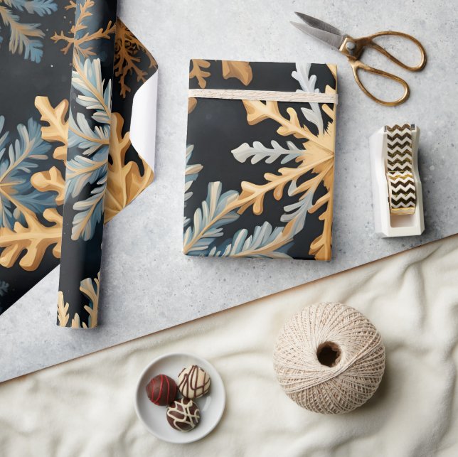 Schneeflocken Magie Weihnachten Schwarzes Gold Bla Geschenkpapier (Basteln)