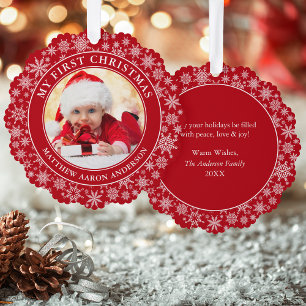 Schneeflocken Mein erstes Weihnachts-Foto Red Ornament Karte
