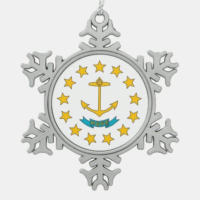 Schneeflocken mit der Flagge der Insel Rhode Schneeflocken Zinn-Ornament (Vorderseite)