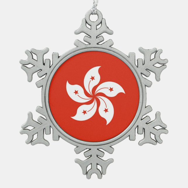 Schneeflocken mit Hongkonger Flagge Zinn-Ornament (Vorderseite)