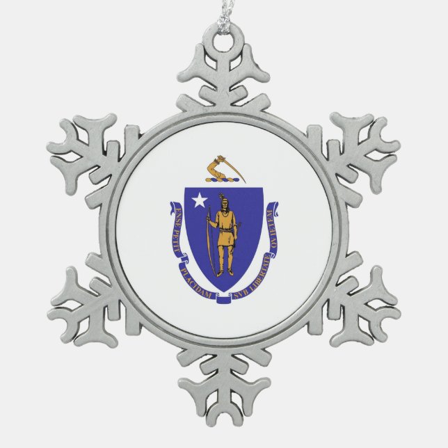 Schneeflocken mit Massachusetts-Fahne Schneeflocken Zinn-Ornament (Vorderseite)