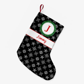 Schneeflocken-Monogramm - Ihr Name Schwarz/Weiß Kleiner Weihnachtsstrumpf