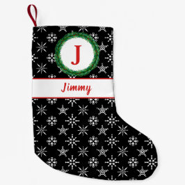 Schneeflocken-Monogramm - Ihr Name Schwarz/Weiß Kleiner Weihnachtsstrumpf