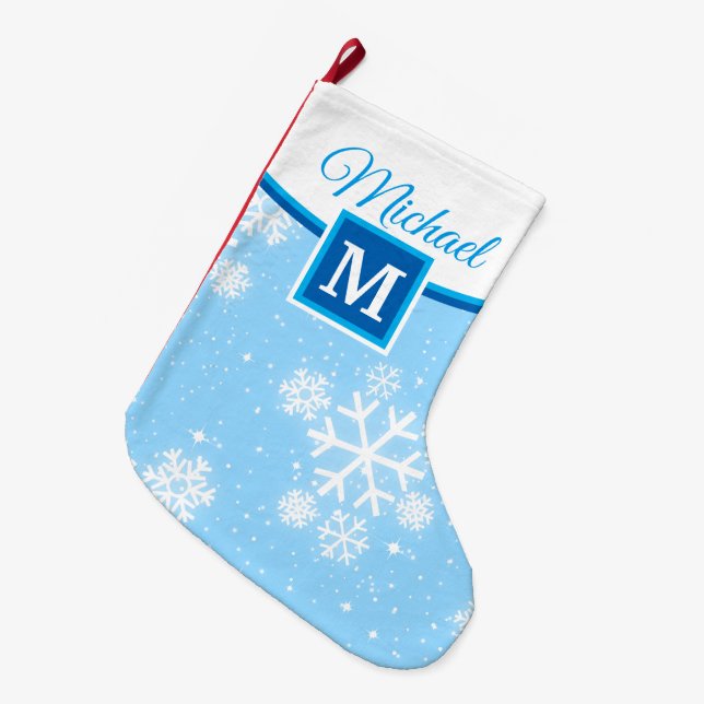 Schneeflocken / Monogramm / Ihr Name und Ihre Farb Großer Weihnachtsstrumpf (Vorderansicht (hängend))