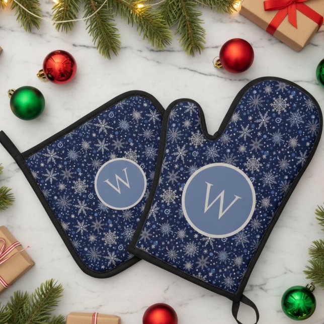 Schneeflocken-Monogramm-Willkommensmatte Ofenhandschuh & Topflappen-Set (Snowflake Monogram Oven mitt and pot holder set)