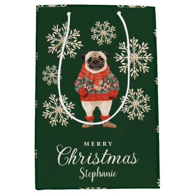 Schneeflocken Mops Dog Grün Weihnachtsgeschenk Tas Mittlere Geschenktüte (Vorderseite)