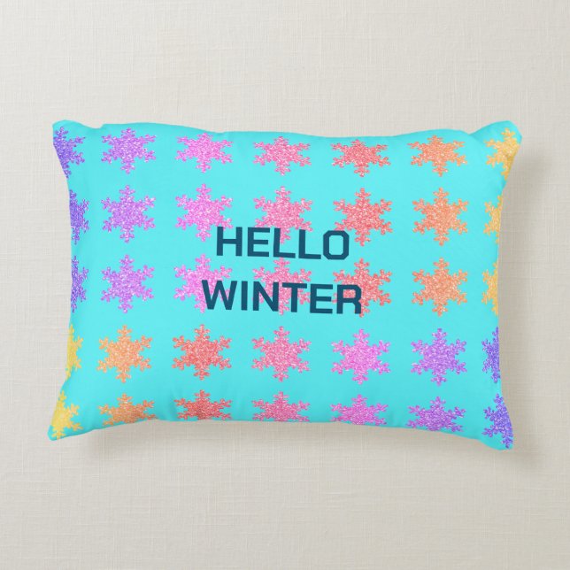 Schneeflocken Muster Hallo Winter Typografie Blau Dekokissen (Rückseite)