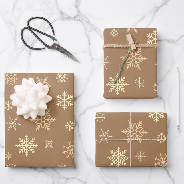 Schneeflocken Nahtloses Muster Licht Braun Weihnac Geschenkpapier Set (Vorderseite)
