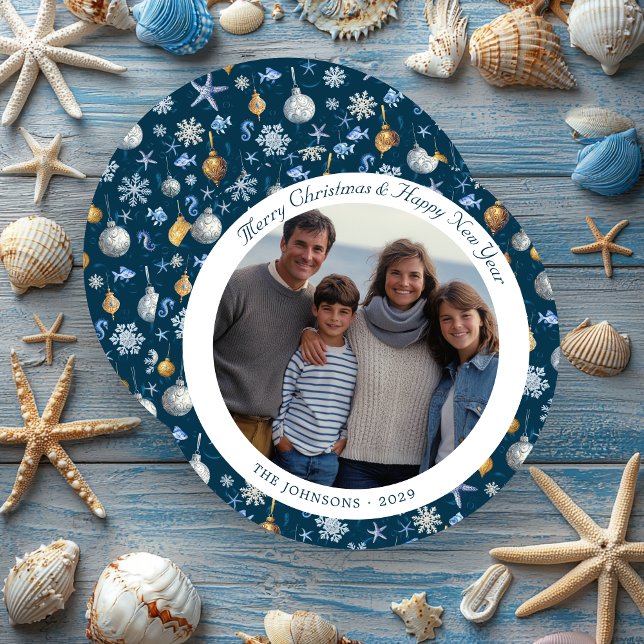 Schneeflocken & Naukselemente Weihnachtsgebäck - F Feiertagskarte (Snowflakes & Nautical Elements Christmas Photo Round Holiday Card)