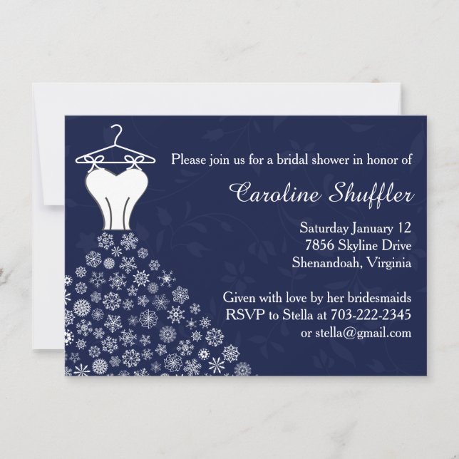 Schneeflocken Navy Blue Wedding Dress Brautparty Einladung (Vorderseite)
