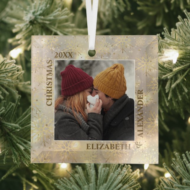 Schneeflocken Neu verheiratetes Foto Ornament Aus Glas (Insitu)