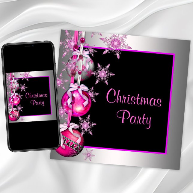 Schneeflocken Ornamente Heiße Pink Weihnachten Par Einladung (Snowflakes and ornaments pink Christmas party invitation. Digital download and printed available.)