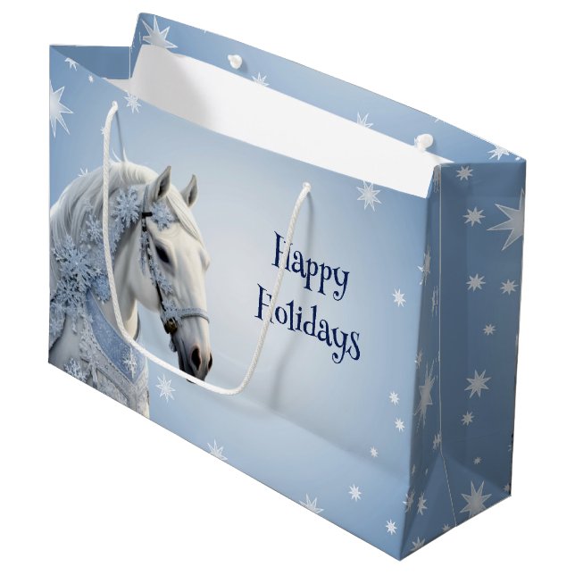Schneeflocken Pferd Weihnachten Weihnachtsgeschenk Große Geschenktüte (Vorderseite Schrägansicht)
