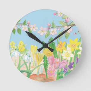 Schneeflocken, Primaten, Apfelblüten, Narzissen Runde Wanduhr
