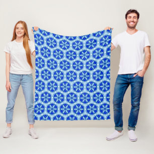 Schneeflocken Quit Pattern - Kobalt Blau und Weiß Fleecedecke