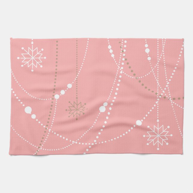 Schneeflocken rosa Mitte des niedlichen Jahrhunder Geschirrtuch (Horizontal)