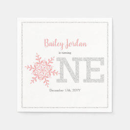 Schneeflocken Rosa & Silber Glitzer 1. Geburtstag Serviette