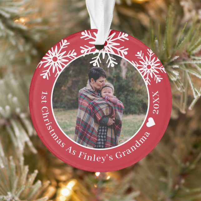 Schneeflocken Rot 1. Weihnachten als Oma-Foto Ornament (Baum)