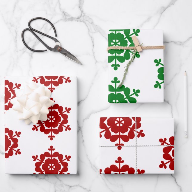 Schneeflocken Rot Grün Geschenkpapier Set (Vorderseite)