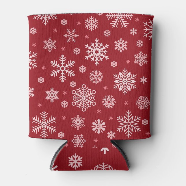 Schneeflocken, rote Dekoration, Weihnachtsmuster. Dosenkühler (Vorderseite)