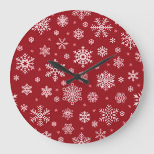Schneeflocken, rote Dekoration, Weihnachtsmuster. Große Wanduhr