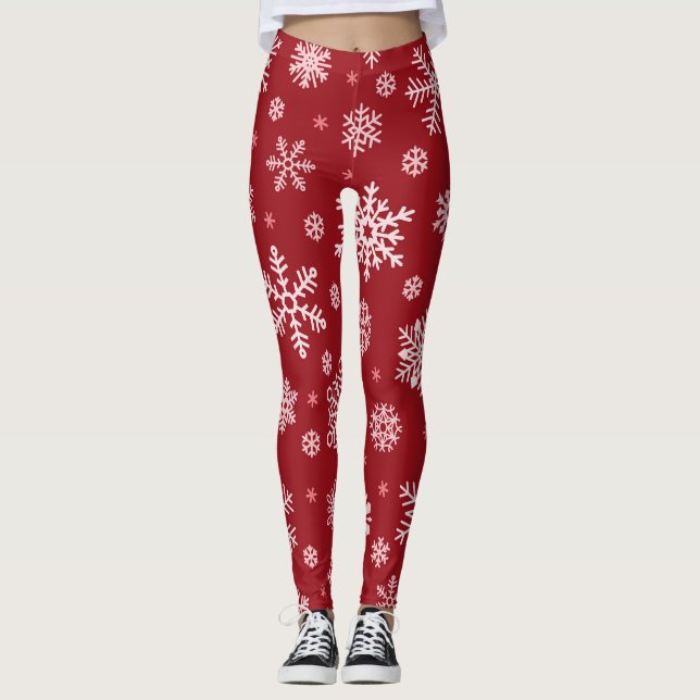 Schneeflocken, rote Dekoration, Weihnachtsmuster. Leggings (Vorderseite)
