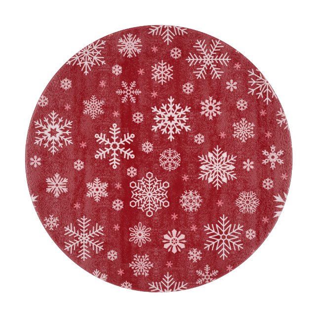 Schneeflocken, rote Dekoration, Weihnachtsmuster. Schneidebrett (Vorderseite)