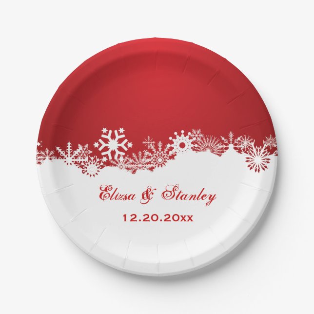 Schneeflocken roter weißer Winter Moderne Hochzeit Pappteller (Vorderseite)