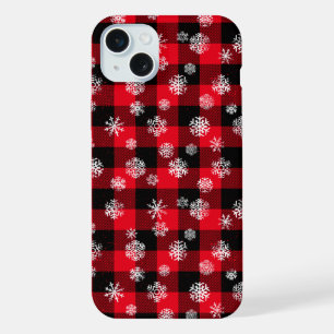 Schneeflocken rotes Buffalo Karo Weihnachten iPhone 15 Plus Hülle