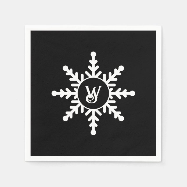 Schneeflocken Schwarz/Weiß Mit Monogramm Weihnacht Serviette (Vorderseite)