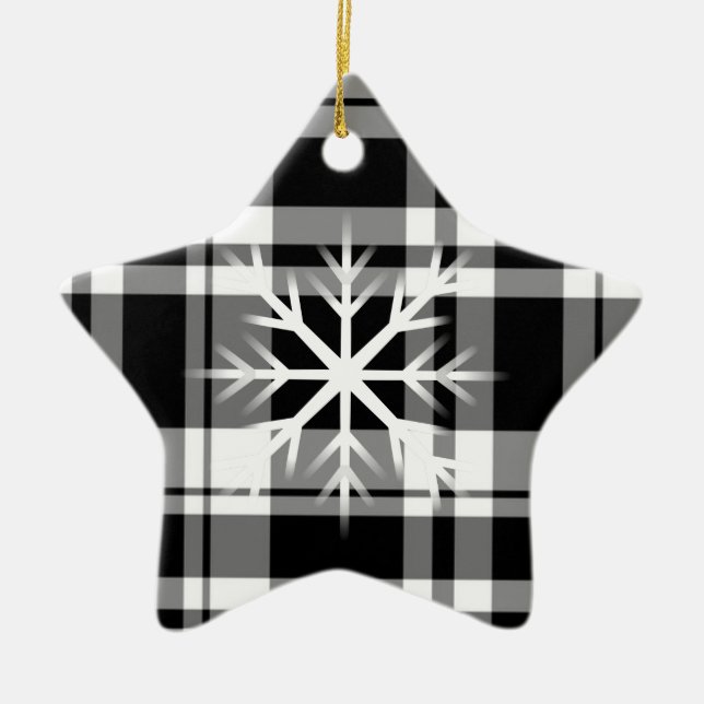 Schneeflocken, Schwarz-weißes kariertes Muster Keramik Ornament (Vorne)