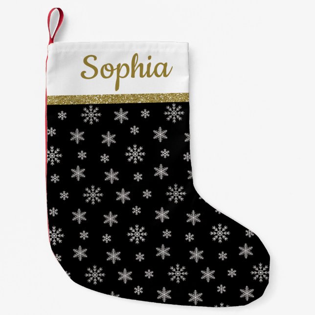 Schneeflocken Schwarzes Muster personalisierter Na Kleiner Weihnachtsstrumpf (Vorderseite)