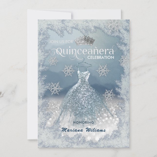 Schneeflocken Silberkleid ombre tiara Quinceañera  Einladung (Vorderseite)