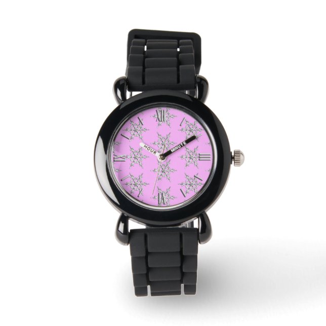 Schneeflocken, silberne Kristalle auf Eis pink Armbanduhr (Vorderseite)