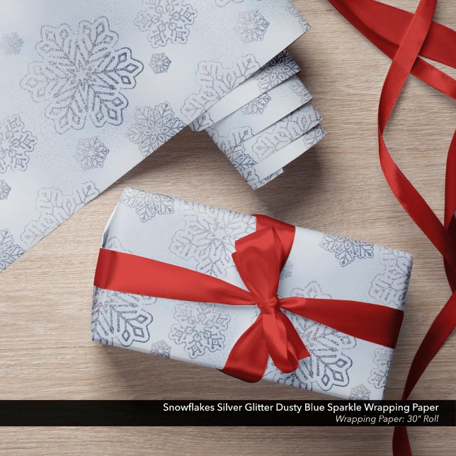 Schneeflocken Silver Glitzer Dusty Geschenkpapier (Snowflakes Wrapping Paper Silver Glitter/Dusty Blue Sparkle )