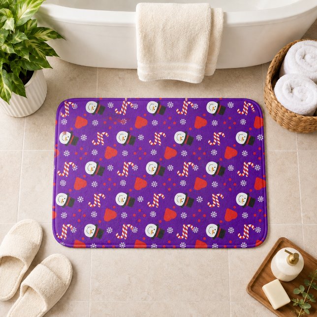 Schneeflocken Snowman Candy Canes Blue Background Badematte (Snowflakes Snowman Candy Canes Blue Background Bath Mat)