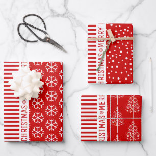 Schneeflocken, Streifen und Weihnachtsbäume rot Geschenkpapier Set